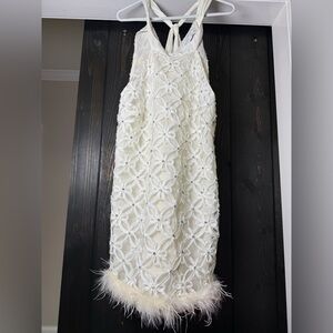 EB Luxe White Feather Trim Halter Mini Dress Embellished Party Size L